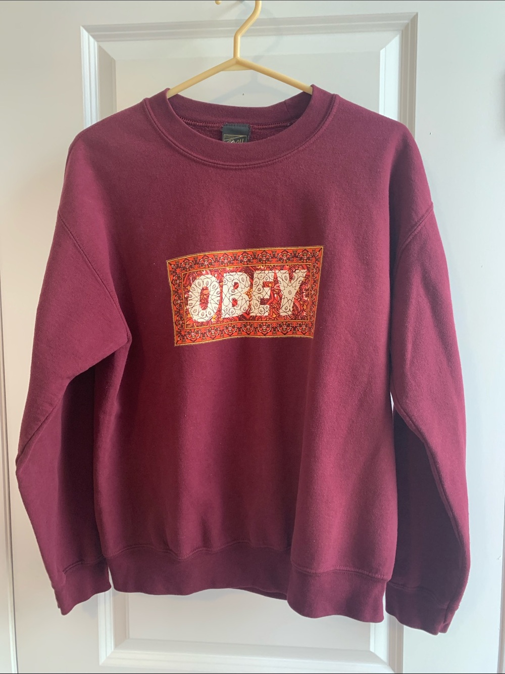Obey Burgundy Crewneck Sweatshirt with Embroidered Box Logo